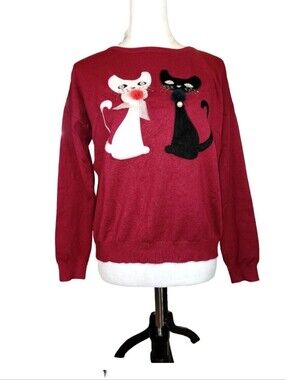 Gran Oriente Red Knit Sweater/ Cat Applique / Full Back Zipper Size Small